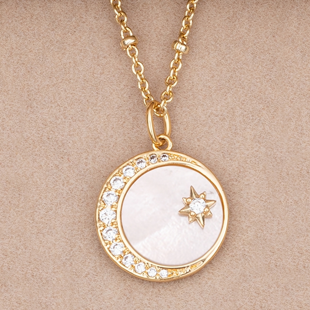 Champagne Gold Necklace with Mother Of Pearl, Round Crescent Moon and star